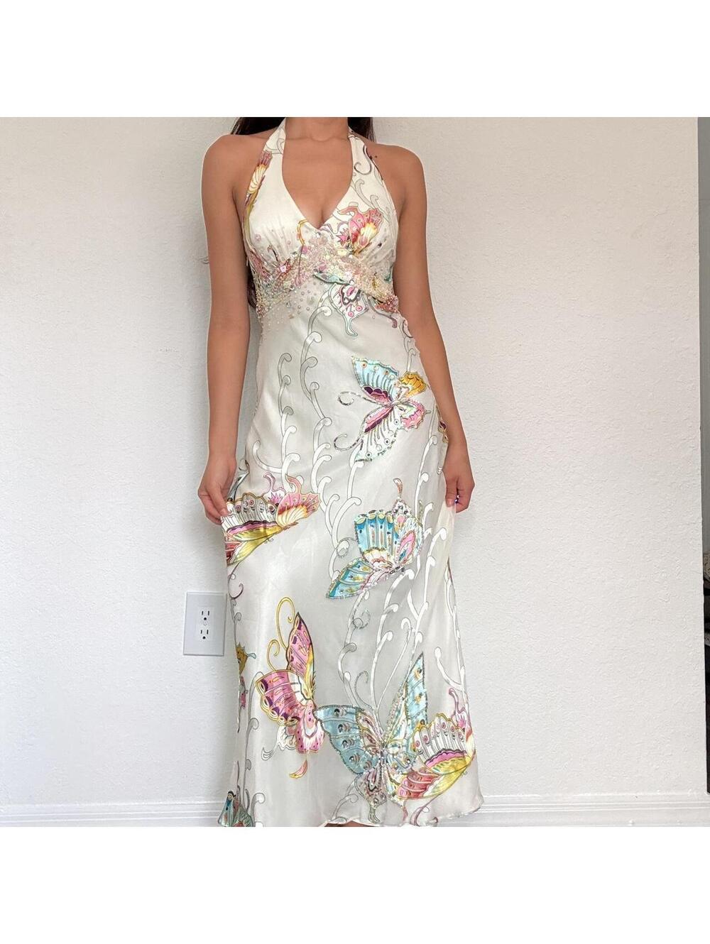 Extremely RARE Y2K Mary L Couture butterfly beaded silk velvet halter maxi dress